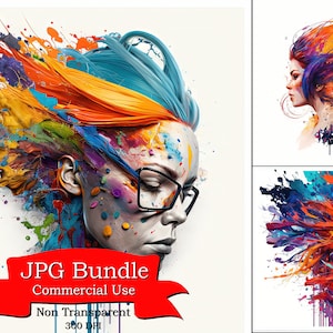 Painting of a Woman Clipart with Vibrant, Colorful Hair, Digital Paper Crafting, Digital Planner, Apparel, Commercial Use,300 DPI