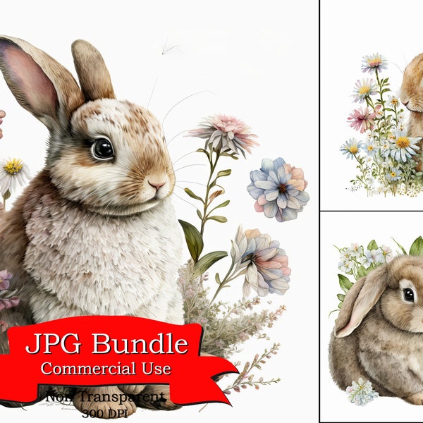 Adorable Flora Cuddly Bunny Clipart: JPG Format, Non-Transparent Background, Perfect r Easter Projects & Cute Designs,300dpi,commercial use