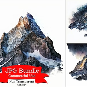 May include: A digital painting of a mountain range with snow-capped peaks. The mountains are painted in shades of blue, gray, and brown, with a hint of orange at the top. The painting is set against a white background.