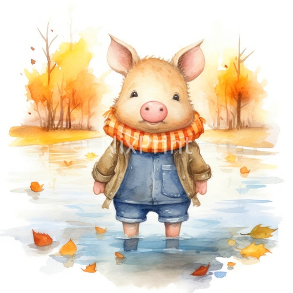 Pig Autumn River Crossing Clipart, River Clipart, Poster For Dad, Digital Sticker For Car Women, Design For Decal, Art For Hallway