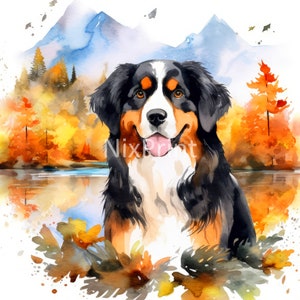 Berner Berg Clipart, Herbst Clipart, Fluss Clipart, Hund Clipart, Bild für Brieftasche, Bild für Bibliothek, Poster für Kinderzimmer