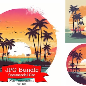 Sunset Beach Design met palmbomen, witte achtergrond, Digital Paper Crafting, Digital Planner, POD Designs Bundle, Commercieel Gebruik, 300 DPI