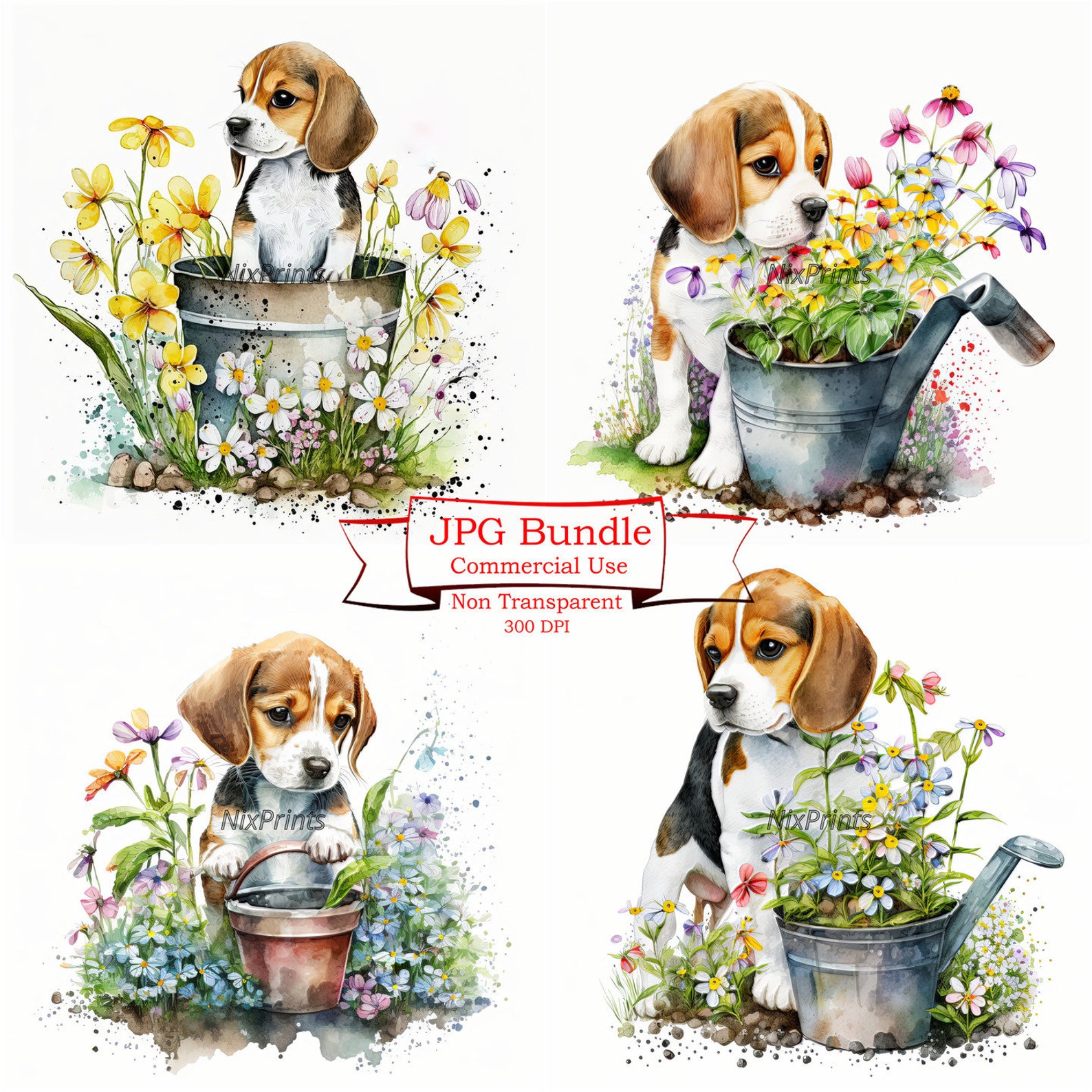 Beagle Puppy Clipart Set, Spring Flowers and Gardening Theme, Digital ...
