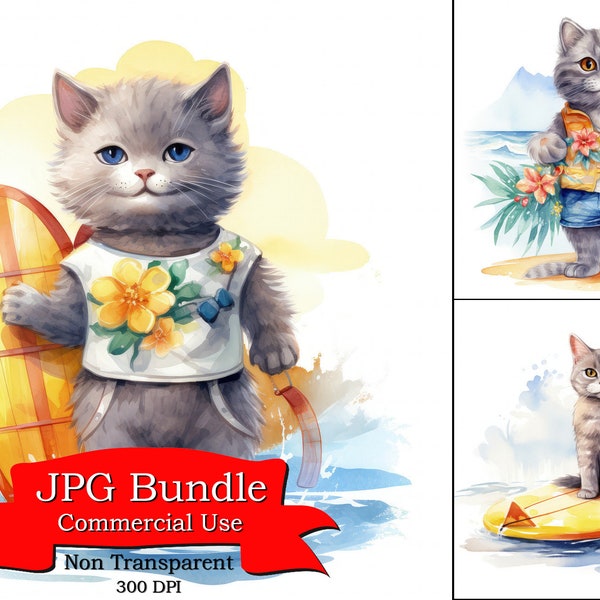 Cute Chartreux Cat in a Lifeguard Outfit, Holding a Surfboard, Clipart For Kids, Art For Writers, Background For Smartphone,quick download.