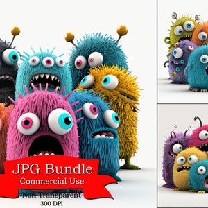 Harige kleurrijke Monsters groep, schattige clipart, digitale download, niet-transparante achtergrond, commercieel gebruik
