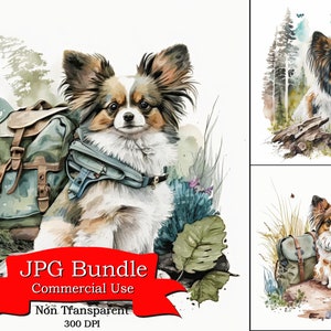 Papillon Backpack Butterfly Clipart, Dog Camping Adventure, Descarga digital, Fondo no transparente, Uso comercial