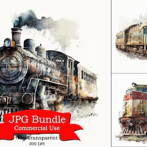 Imágenes Prediseñadas de acuarela de tren Vintage, imágenes prediseñadas de locomotora antigua, 300 DPI, fondo no transparente, descarga Digital, uso comercial
