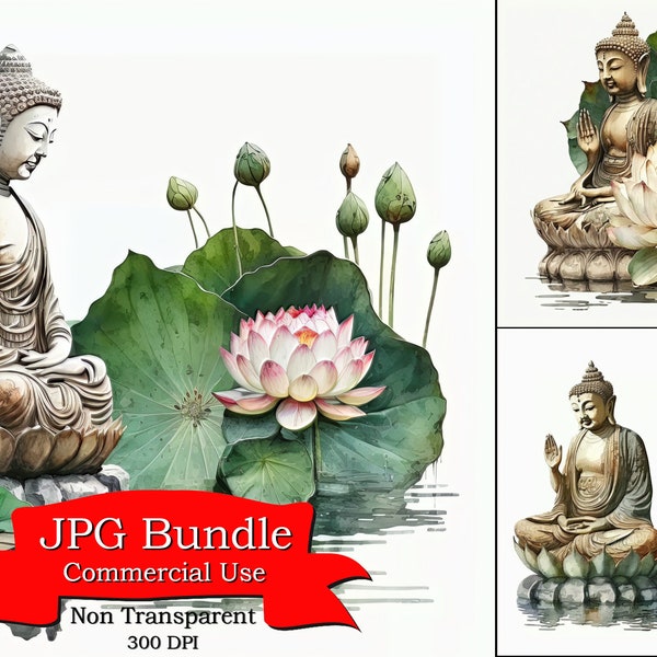 Serene Buddha Statue and Lotus: Watercolor Style Clipart, JPG Format, Non-Transparent Background, Perfect for Meditation & Zen Designs