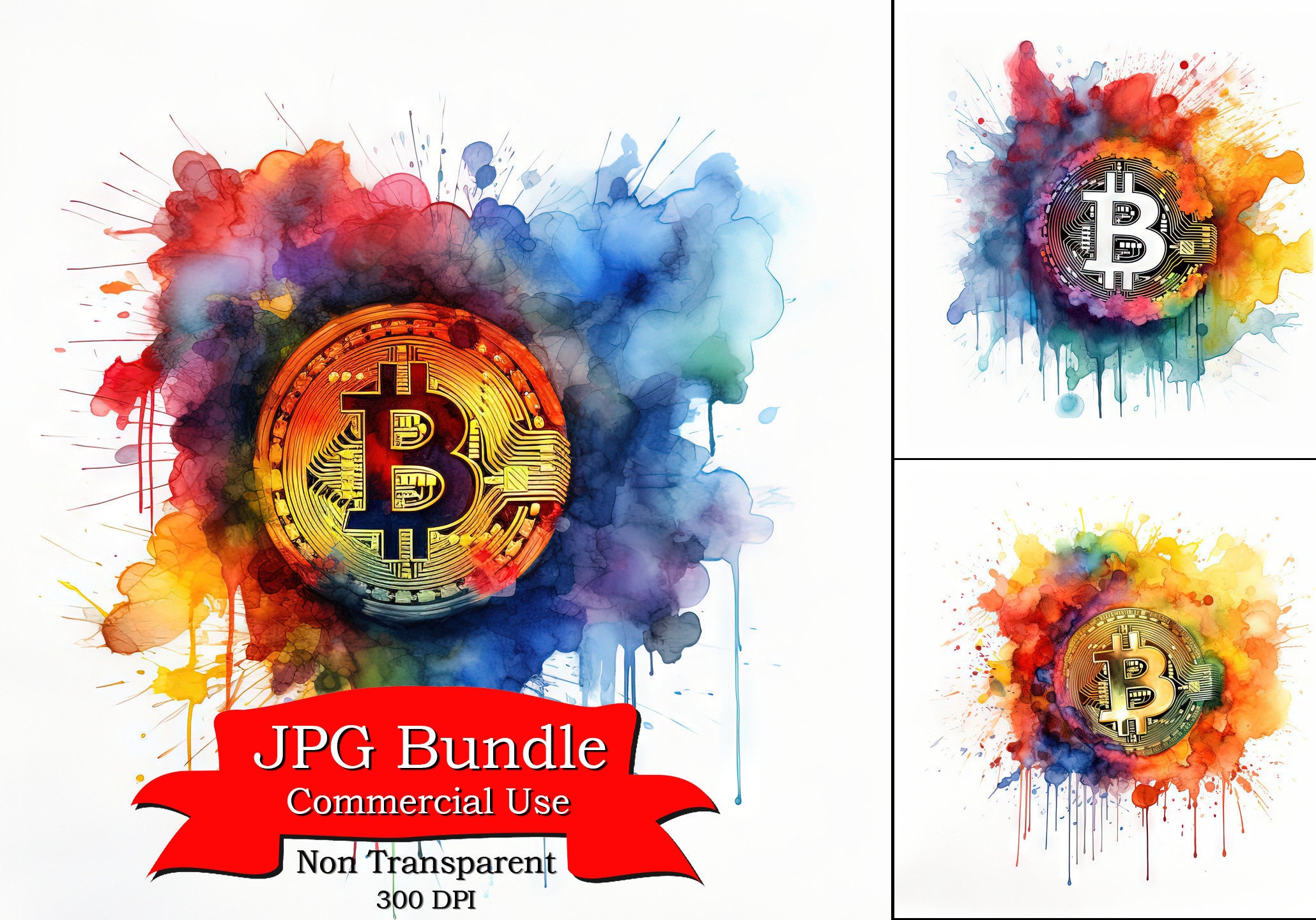 Bitcoin Watercolor Clipart, Captivating and Intense Cryptocurrency ,  Digital Paper Crafting, Digital Planner, Apparel,Commercial Use,300 DPI