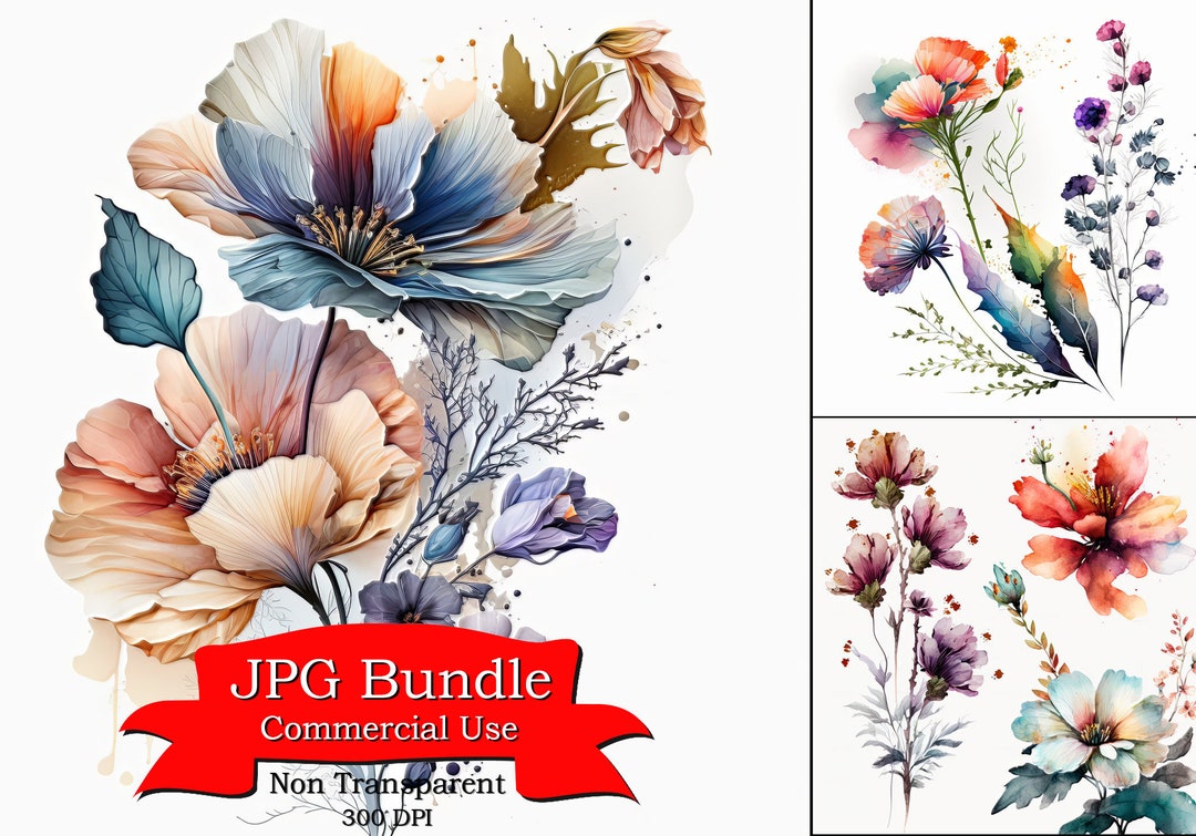 Abstract Flower Clipart: Watercolor Floral Artwork, Non-transparent