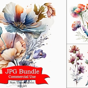 Abstract Flower Clipart: Watercolor Floral Artwork, Non-Transparent Background, Ideal for Artistic Blossom-Themed Designs, commercial use