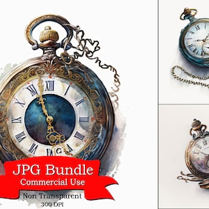 Orologio da taschino Clipart dell'acquerello, opera d'arte dell'orologio vintage, download digitale dell'orologio, sfondo non trasparente, uso commerciale
