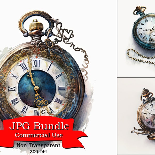 Pocket Watch Watercolor Clipart, Vintage Timepiece Artwork, Watch  Digital Download, Non-Transparent Background, Commercial Use