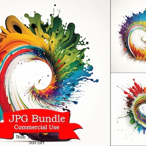 May include: A set of three colorful paint splatter designs in a circular shape. The splatter is in a rainbow pattern with a swirl in the center. The text "JPG Bundle Commercial Use Non Transparent 300 DPI" is at the bottom of the image.