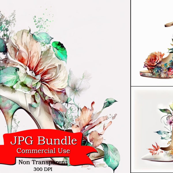 Floral High Heel Shoe Watercolor Clipart: JPG Format, Non-Transparent Background,  Elegant & Fashion-Themed Projects , commercial use