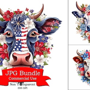 4th July 3D Paper Cut Effect Flowers Cow Digital Art, Independence Day Patriot Clipart, Digital Planner, Clipart For Digital Stickers.