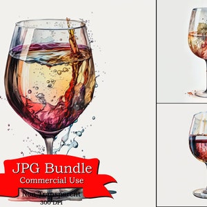 Elegante aquarel glas wijn clipart, verfijnde drank clipart, 300 DPI, niet-transparant, digitale download, commercieel gebruik
