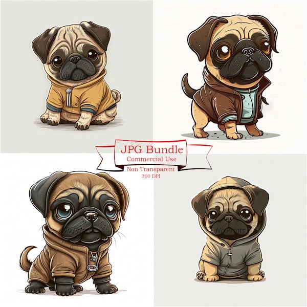 Pug Puppy Clipart Collection, High Quality JPGs -Digital Planner, Junk Journaling, beautifull Art, Wall Art,Commercial Use -Digital Download
