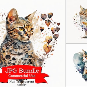 Joli chat coeurs aquarelle Clipart : Format JPG, fond Non transparent, parfait pour les dessins sur le thème des félins, les amoureux des chats