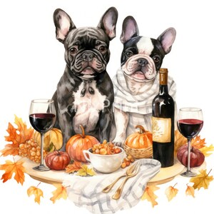 Süße französische Bulldogge Clipart, Thanksgiving-Themen, Familienessen-Szenen-Clipart, Handwerk für Säugling, Wandkunst für die Galerie