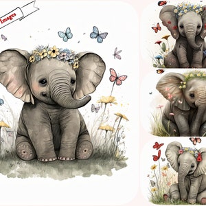 Aquarel baby olifant clipart voor kinderkamer kunst en baby douche decoraties, baby's portret olifant met bloemen, natuurlijke kleur, pastel,