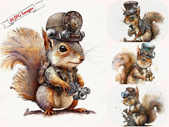 Cute and Quirky Squirrel Clipart for Commercial Use | Steampunk and Cartoon Designs | 300 DPI, JPG format, Watercolor illustration, Rodent.