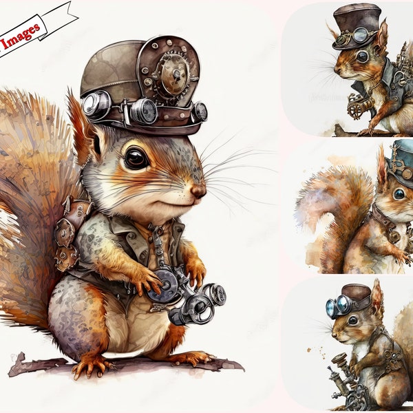 Cute and Quirky Squirrel Clipart for Commercial Use | Steampunk and Cartoon Designs | 300 DPI, JPG format, Watercolor illustration, Rodent.