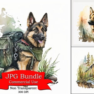 Deutscher Schäferhund Wildnis Abenteuer Clipart, Hund mit Rucksack, Camping Ausflug, digitaler Download, undurchsichtiger Hintergrund, kommerzielle Nutzung