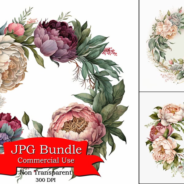 Elegant Peony Wreath Clipart with Non-Transparent Background for Various Design Uses, Wedding Invitations, Cards & Posters Non-Transparent