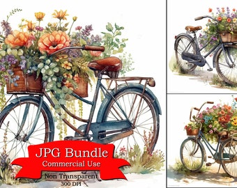 Vintage Bicycle with Wildflowers Digital Clipart, Digital Paper Crafting, Digital Planner, POD Designs Bundle.