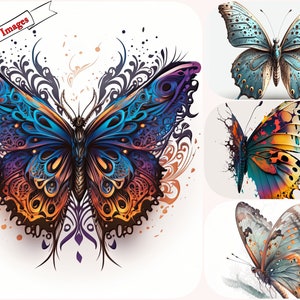 Belle aquarelle papillon Clipart Bundle - Images élégantes colorées et noir et blanc, téléchargement immédiat, utilisation commerciale de clipart numérique