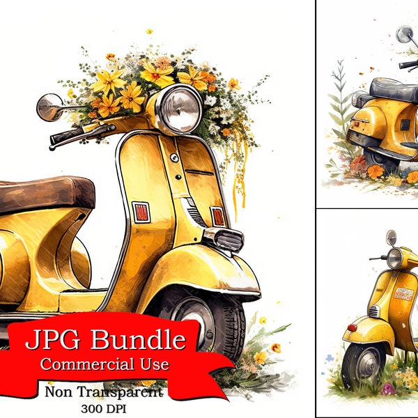 Jaune Vespa Scooter Clipart avec des fleurs sauvages Clipart numérique en format JPG Digital Paper Crafting, Digital Planner, POD Designs Bundle