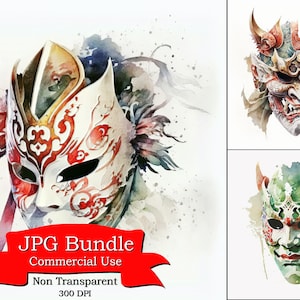 Imágenes Prediseñadas de acuarela de máscara japonesa tradicional, imágenes prediseñadas de arte cultural, 300 DPI, fondo no transparente, descarga digital, uso comercial