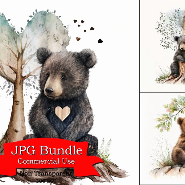Adorable Happy Bear Sitting by Mammut Tree Watercolor Clipart: JPG Format, Non-Transparent , Perfect for Kids Playful Designs commercial use