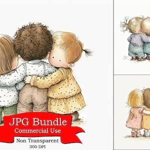 Friends Clipart, Triplet Kleinkinder, die sich als beste Freunde halten: Entzückende und herzerwärmende Clipart, kommerzielle Nutzung, 300 DPI