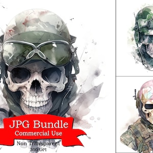 Clipart de calavera militar, fuerzas armadas de acuarela, elaboración de papel digital, planificador digital, paquete de diseños POD, uso comercial, 300 DPI.