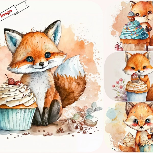 Fox Clipart, Watercolor Cute Fox with cake Clipart- Assorted fox Clipart ,Digital Images Downloads for Card Making, Scrapbook, Junk Journal