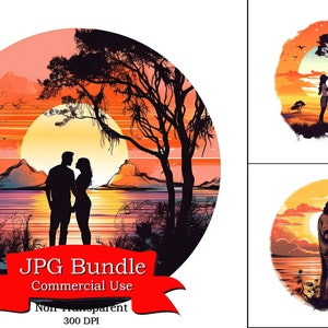 Clipart numérique romantique d'un couple embrassant au coucher du soleil, artisanat de papier numérique, POD Designs Bundle, Clipart pour les autocollants numériques.
