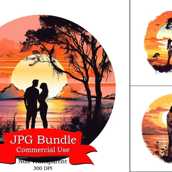 Romantic Digital Clipart of a Couple Embracing at Sunset, Digital Paper Crafting,  POD Designs Bundle, Clipart For Digital Stickers.