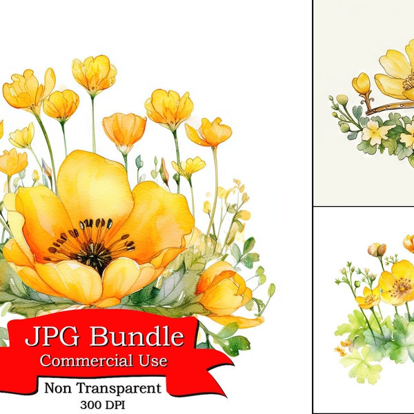 Buttercup Crown Clipart, Yellow Flowers Clipart, Buttercup Flowers Clipart Bundle, Watercolor Buttercup Flowers Watercolor Clipart,