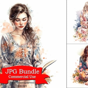 Clipart de leitura de mulher em aquarela, leitura de mulher ilustrada, arte digital em aquarela, cores vibrantes, flores, pérolas, uso comercial, 300 DPI