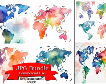 Watercolor World Map Clipart -Journey Around the Globe,Digital Paper Crafting, Digital Planner, POD Designs Bundle, Commercial Use,300 DPI.