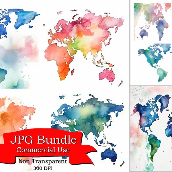 Watercolor World Map Clipart -Journey Around the Globe,Digital Paper Crafting, Digital Planner, POD Designs Bundle, Commercial Use,300 DPI.