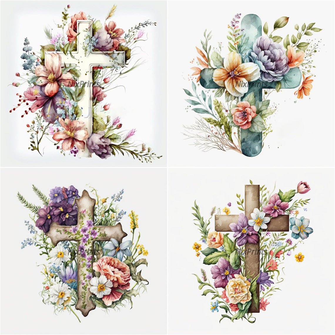 Floral Easter Cross Clipart Beautiful Spring Flowers Etsy