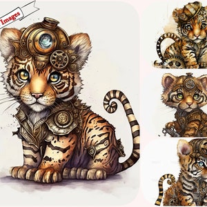 Bebê Steampunk Tigre Clipart | Design exclusivo para artesanato e scrapbooking | Arquivos JPG de alta resolução de 300 DPI, clipart, designs jpg