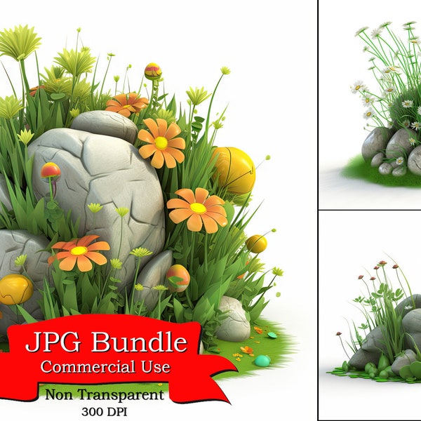 Grass Clipart, Cartoon Nature Scene: Grass, Bush, Stone, Flowers Clipart Collection, Commercial Use, 300 DPI