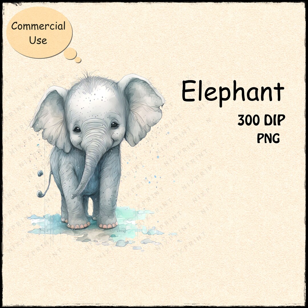 Baby Elephant Clipart Watercolor, Cute Elephant Clipart , PNG File ...