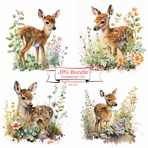 Baby Deer Clipart, Spring Flowers and Gardening Theme, High Quality JPG Digital Image Downloads Commercial Use, Nursery Decor, Watercolor