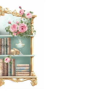 Bookcase Clipart, Mint Color Books on a Small Gold Bookcase With Pink ...
