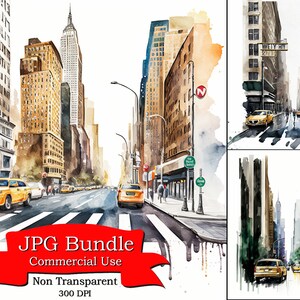 Clipart delle strade di New York: paesaggi urbani iconici, formato JPG, sfondo non trasparente, ottimo per progetti a tema di viaggio urbano, uso commerciale